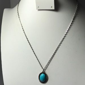 Faux turquoise necklace with oval pendant, silver tone